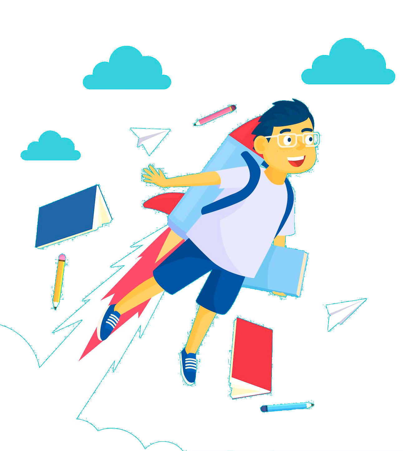 Student flying with a backpack, books, clouds, and paper planes