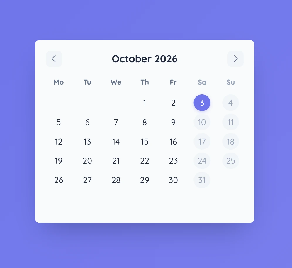 Calendario de octubre de 2026 en Sabura