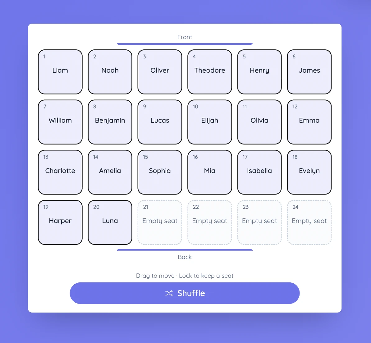 Plano de asientos de Sabura con mesas numeradas y controles para mezclar