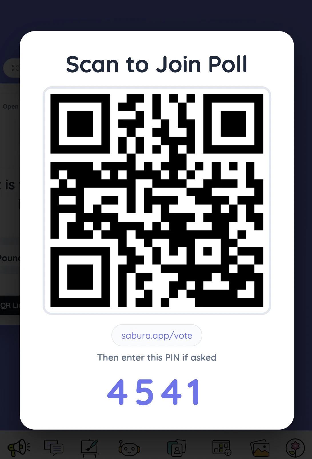 Muestra el código QR y el PIN para que el alumnado participe.