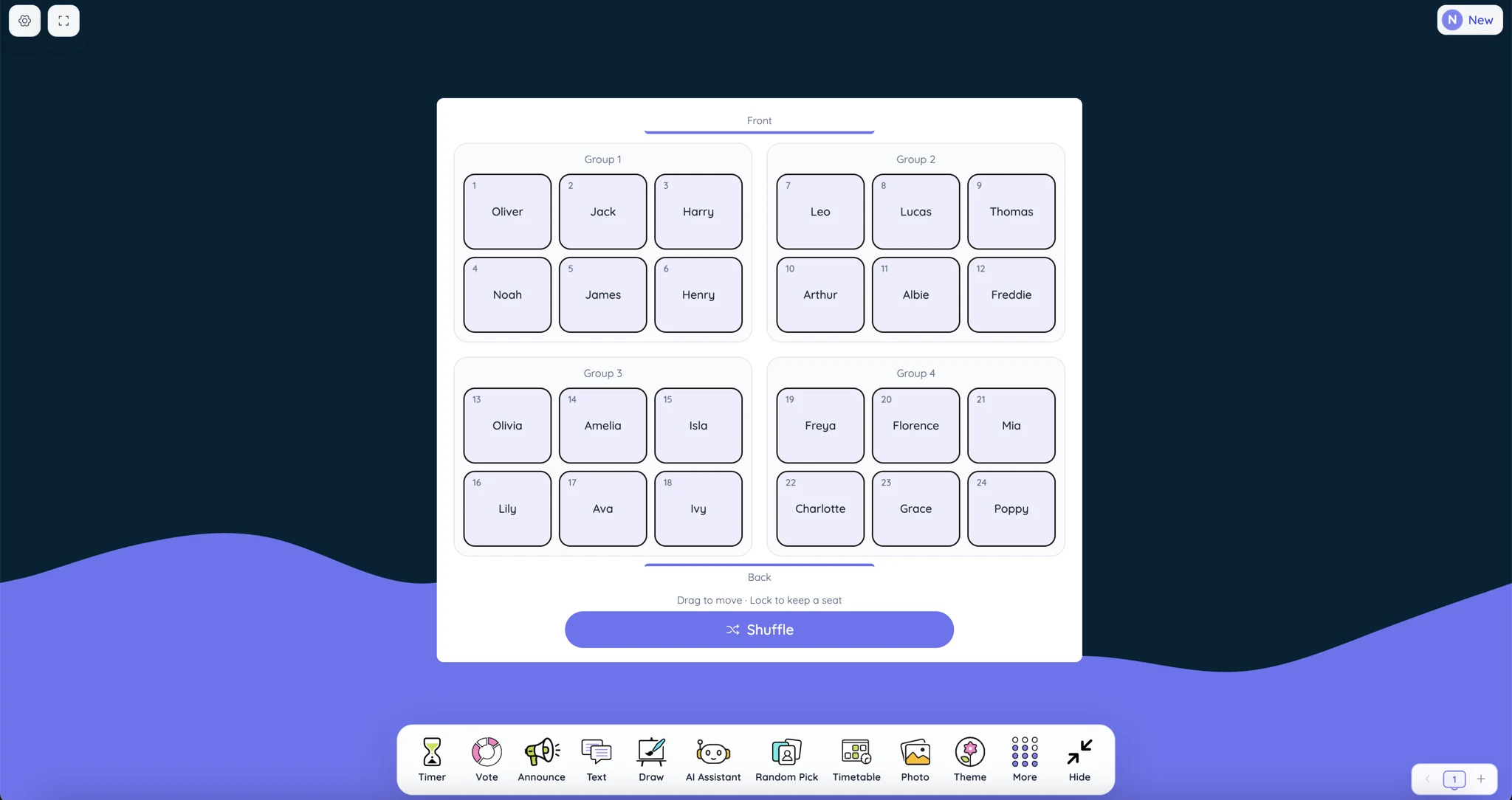 Sabura group seating plan with 24 students arranged in four groups