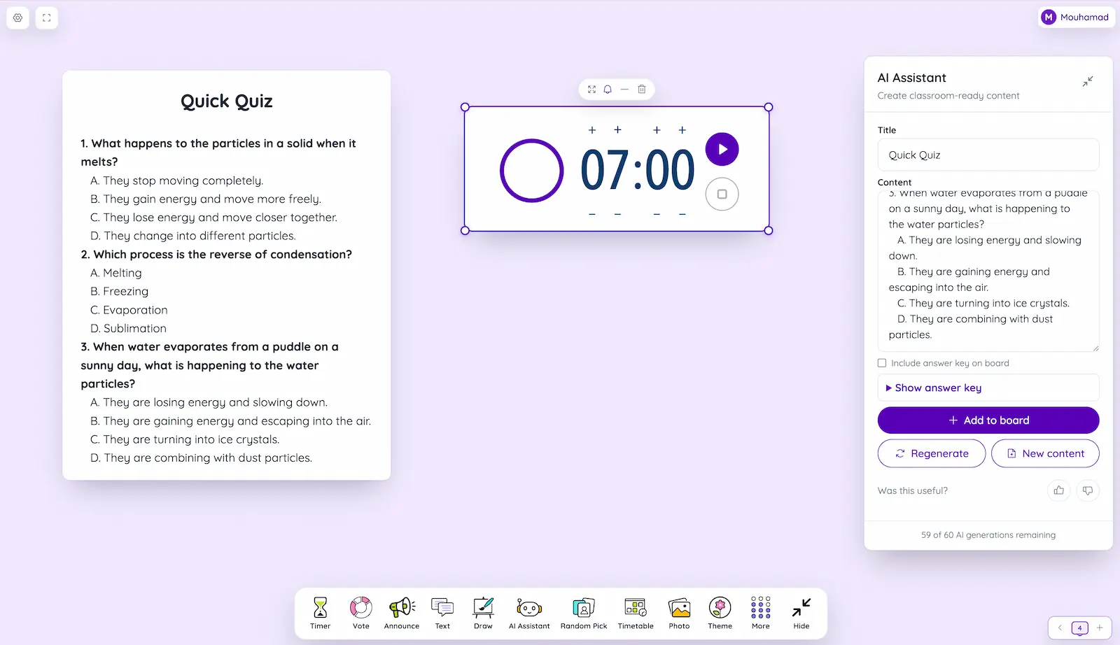 Sabura AI Teacher Assistant with a quick science quiz and seven-minute timer