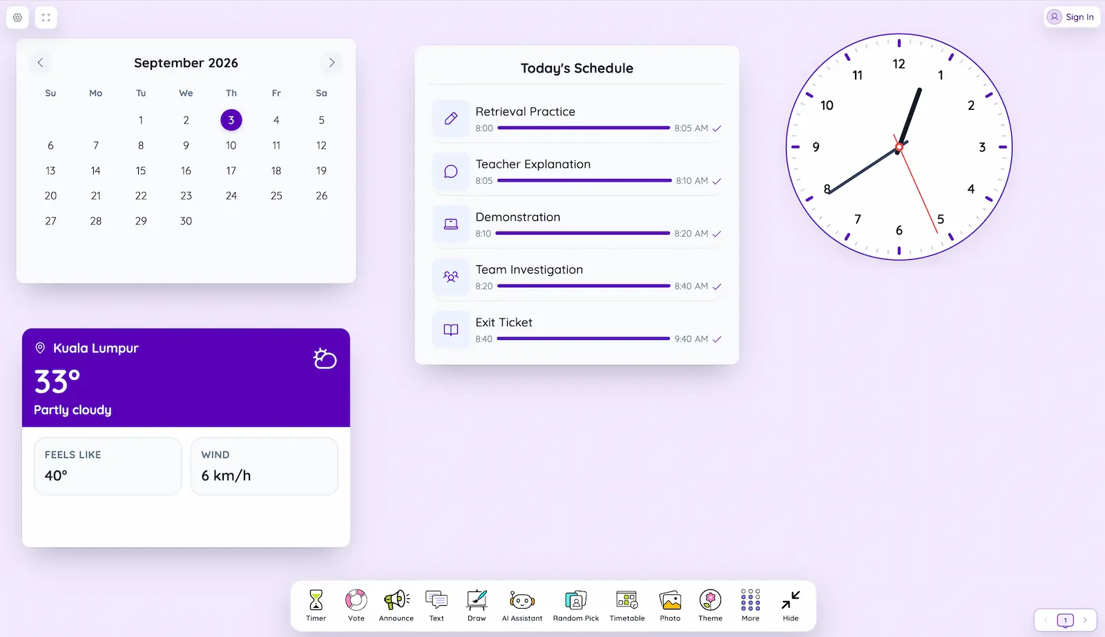 Sabura showing a September calendar, lesson timetable, clock, and Kuala Lumpur weather