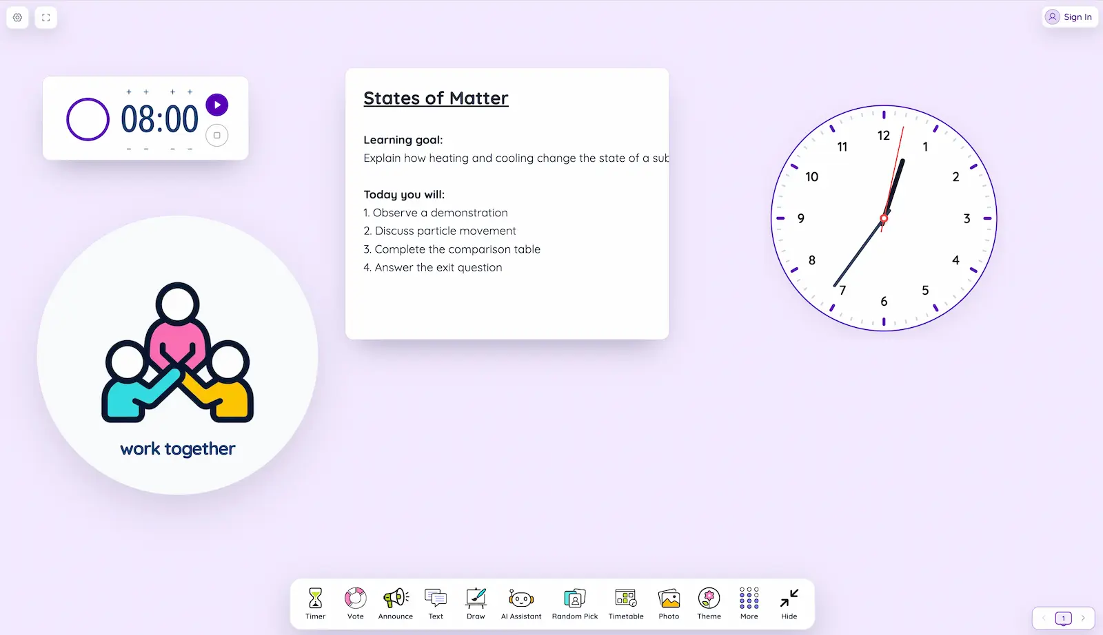 Sabura classroom screen with a timer, lesson notes, clock, and work-together symbol