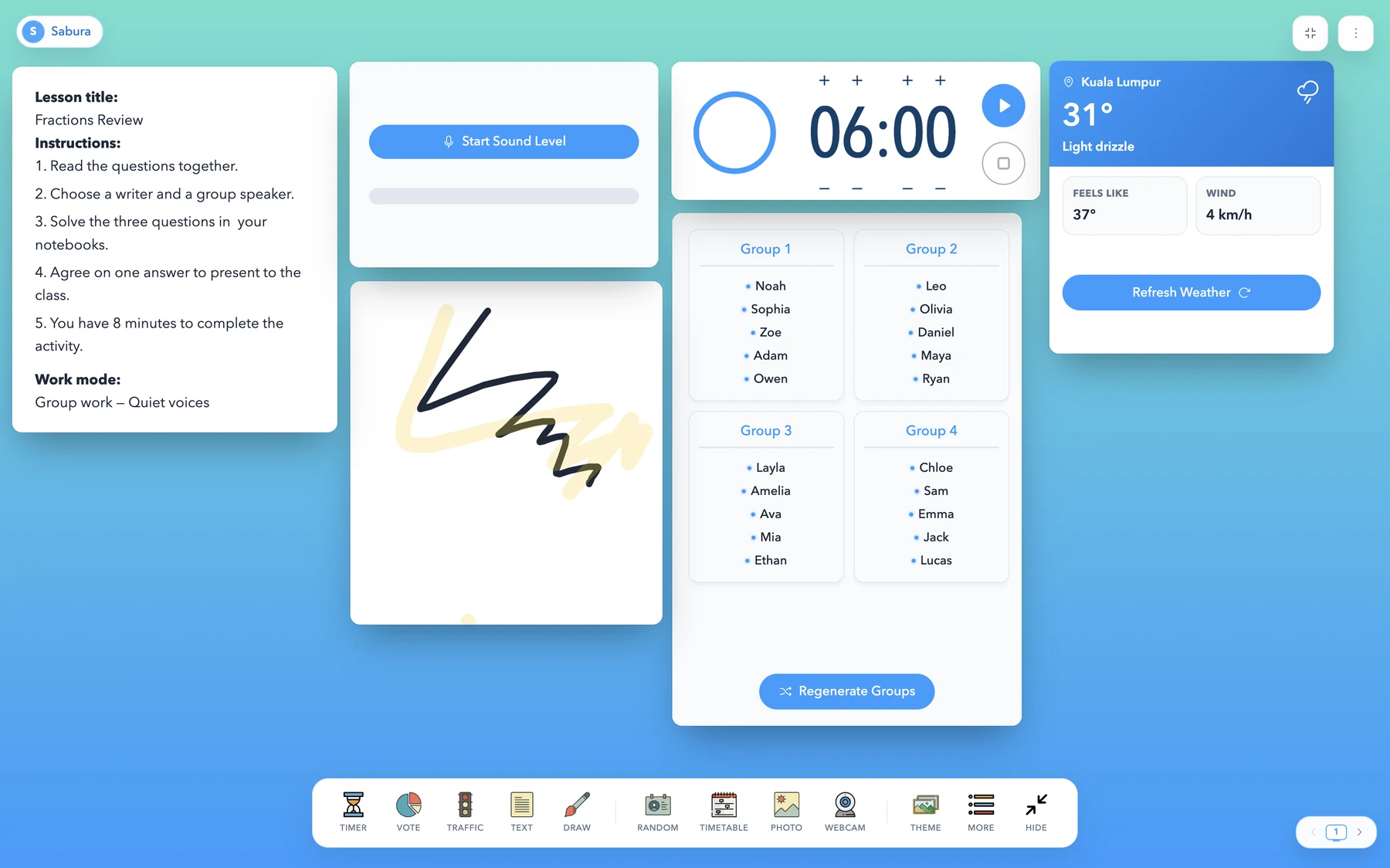 Sabura teacher dashboard showing timer, groups, lesson instructions, weather, and classroom tools