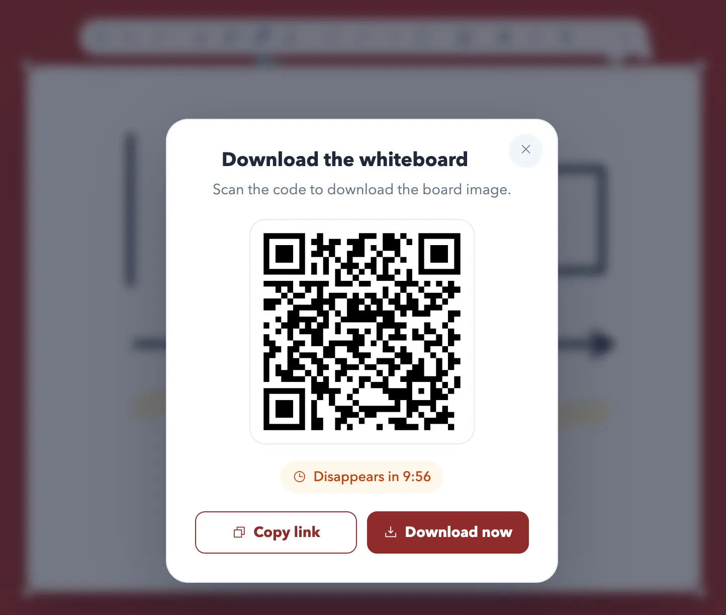 Download the whiteboard window with QR code, countdown, Copy link, and Download now