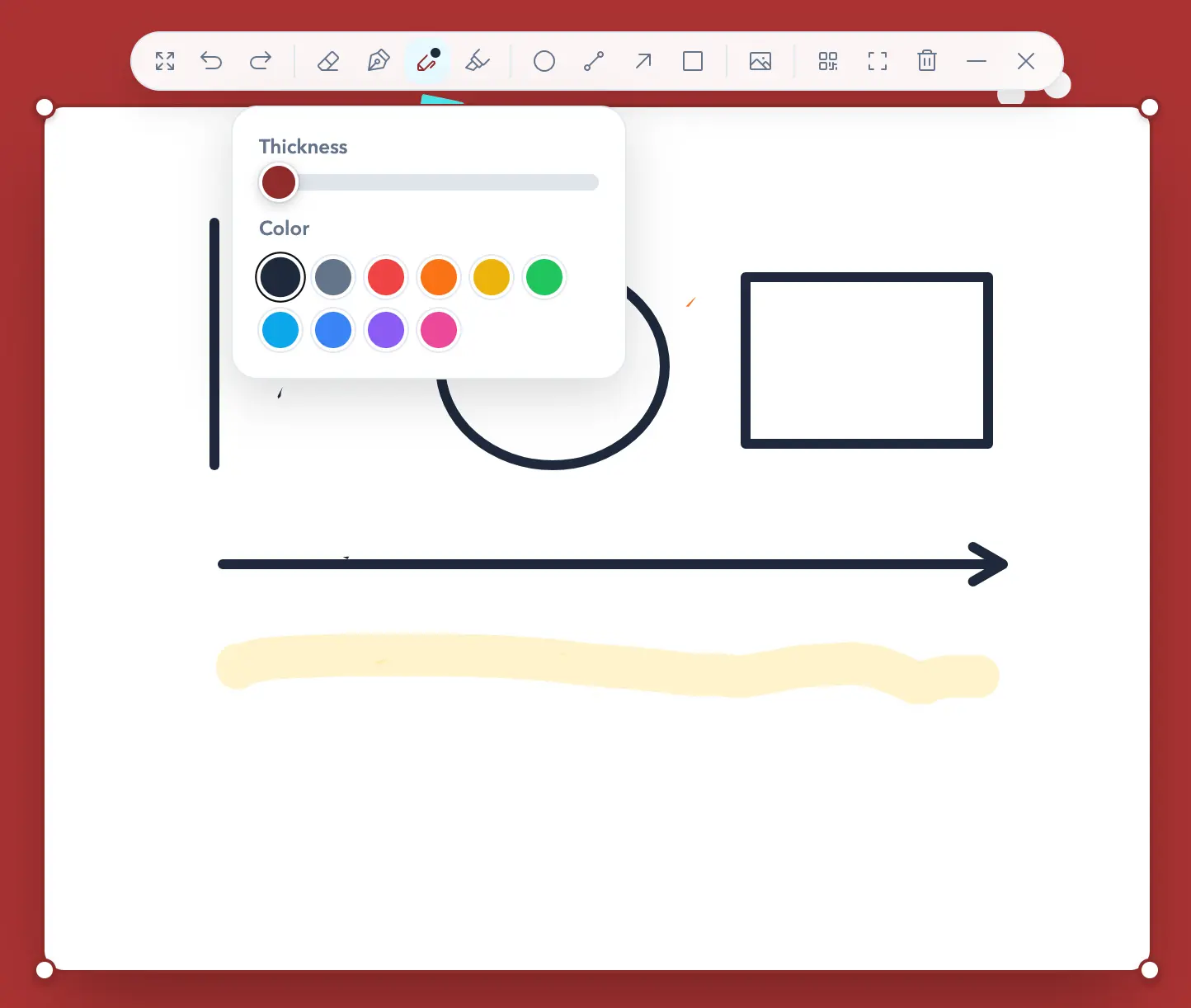 Thickness slider and color palette in the English Sabura Draw board