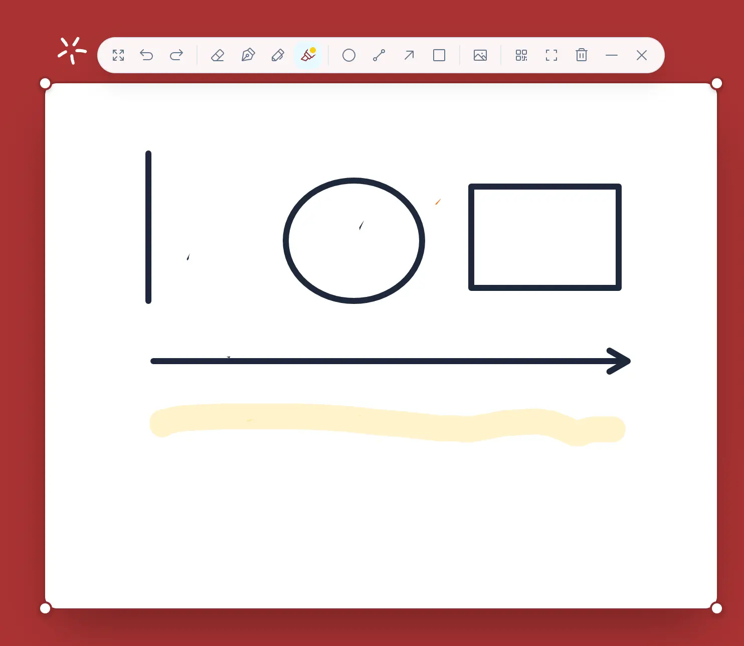 Line, circle, rectangle, arrow, and highlighter examples on the Sabura Draw board