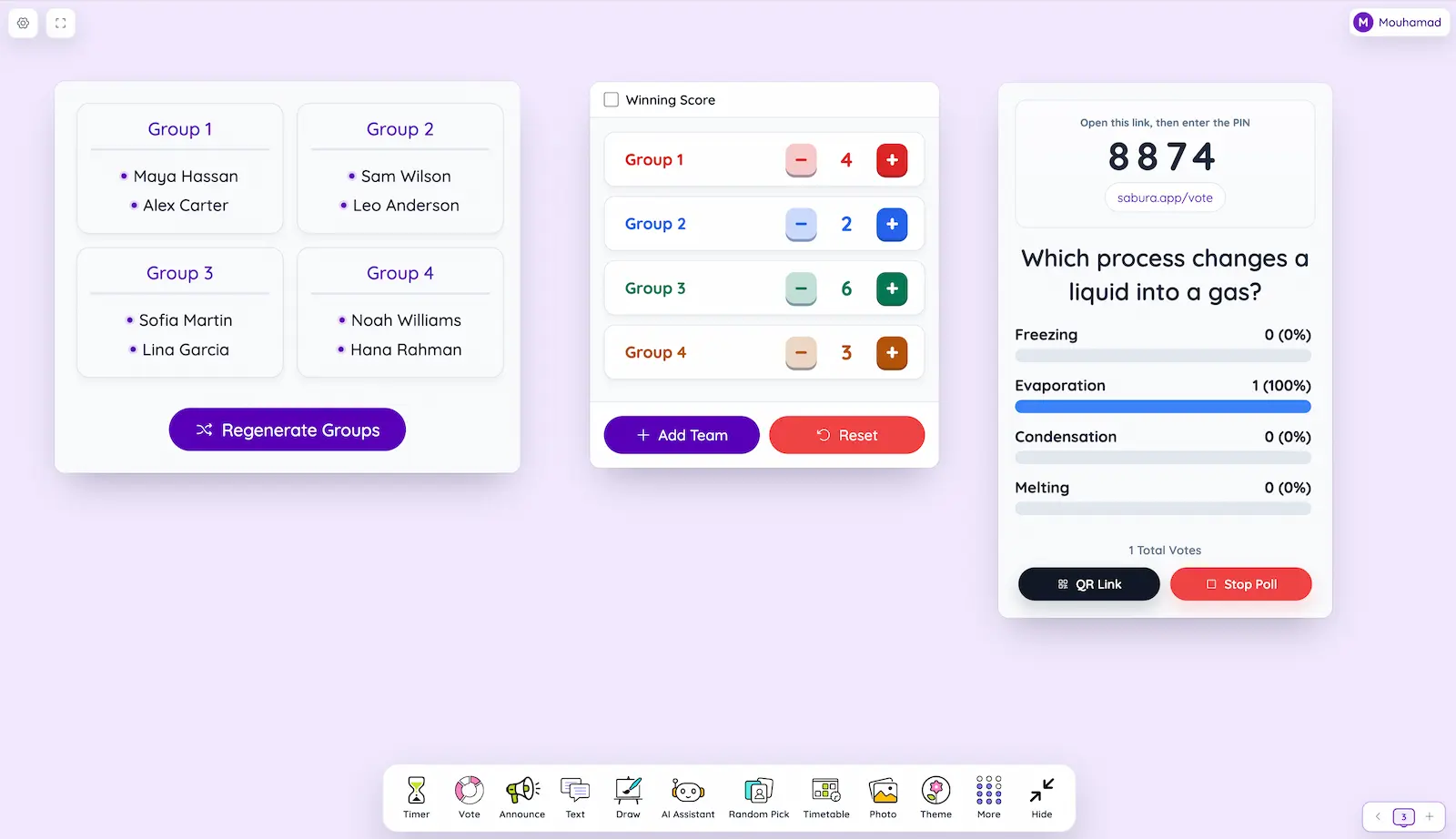 Sabura group splitter, team scoreboard, and live science vote