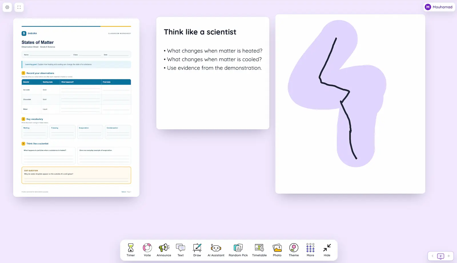 Sabura showing a science PDF, lesson questions, and digital whiteboard