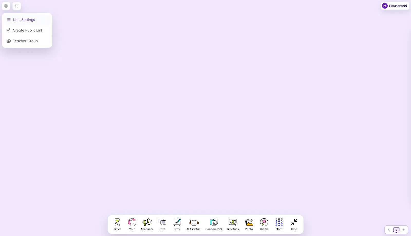 Sabura settings menu with List Settings, Create Public Link, and Teacher Group